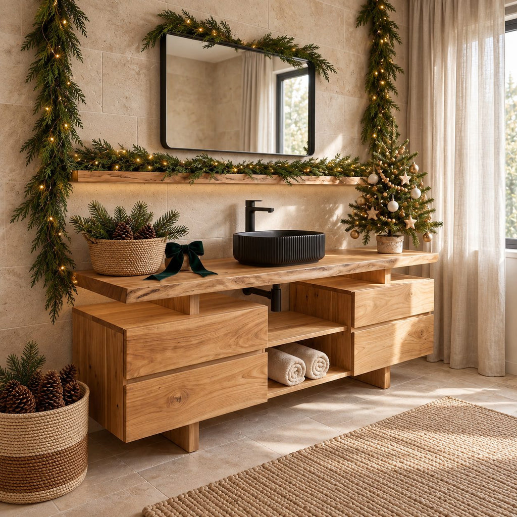 Twin Drawer Stack Bathroom Vanity 47-71 Inch, Live Edge Top, Two Drawer Cabinets, Center Cubbies