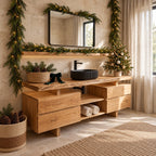 Twin Drawer Stack Bathroom Vanity 47-71 Inch, Live Edge Top, Two Drawer Cabinets, Center Cubbies