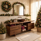Twin Drawer Stack Bathroom Vanity 47-71 Inch, Live Edge Top, Two Drawer Cabinets, Center Cubbies
