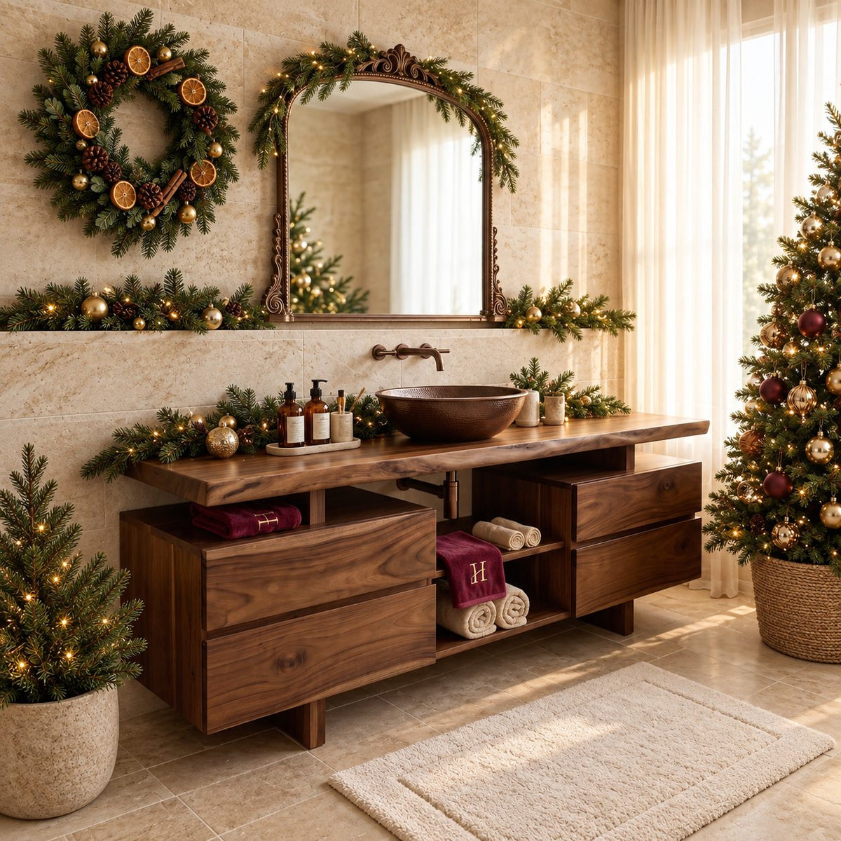 Twin Drawer Stack Bathroom Vanity 47-71 Inch, Live Edge Top, Two Drawer Cabinets, Center Cubbies