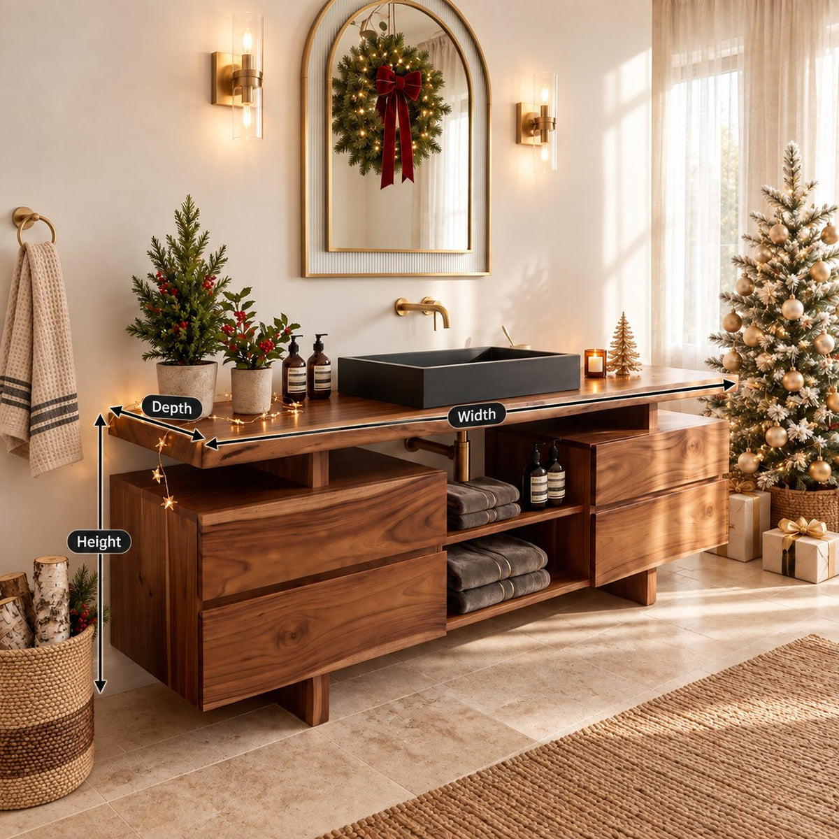 Twin Drawer Stack Bathroom Vanity 47-71 Inch, Live Edge Top, Two Drawer Cabinets, Center Cubbies