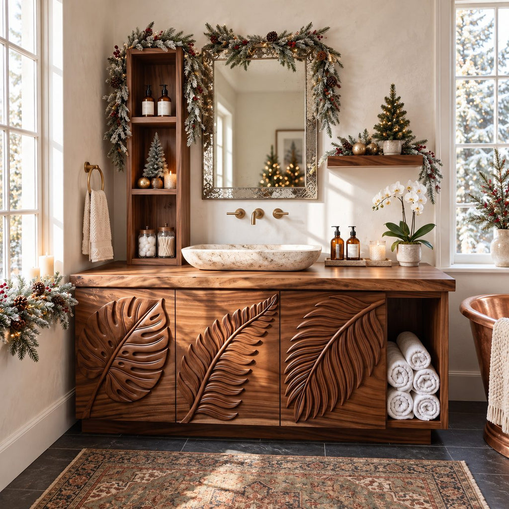 Linen Tower Bathroom Vanity 40-71 Inch, Carved Leaf Door Cabinet, Towel Cubby, Tall Shelf Unit