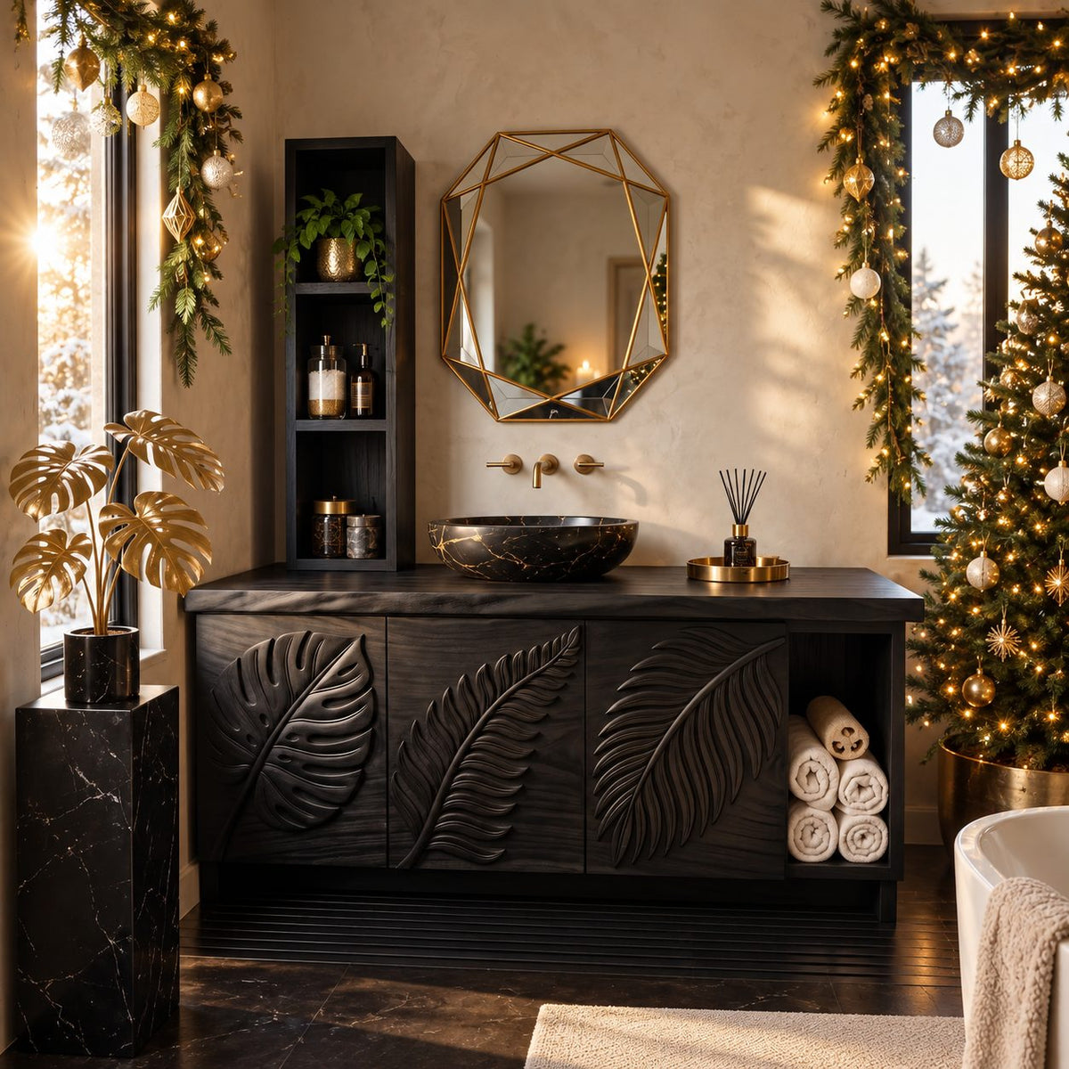Linen Tower Bathroom Vanity 40-71 Inch, Carved Leaf Door Cabinet, Towel Cubby, Tall Shelf Unit
