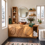 Linen Tower Bathroom Vanity 40-71 Inch, Carved Leaf Door Cabinet, Towel Cubby, Tall Shelf Unit