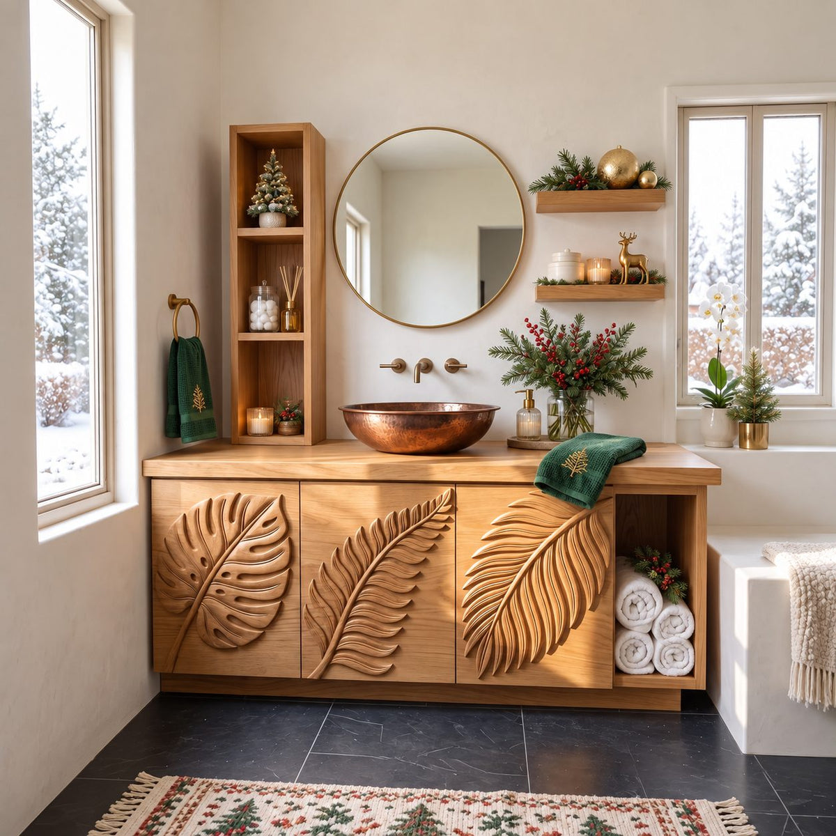 Linen Tower Bathroom Vanity 40-71 Inch, Carved Leaf Door Cabinet, Towel Cubby, Tall Shelf Unit