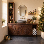 Linen Tower Bathroom Vanity 40-71 Inch, Carved Leaf Door Cabinet, Towel Cubby, Tall Shelf Unit