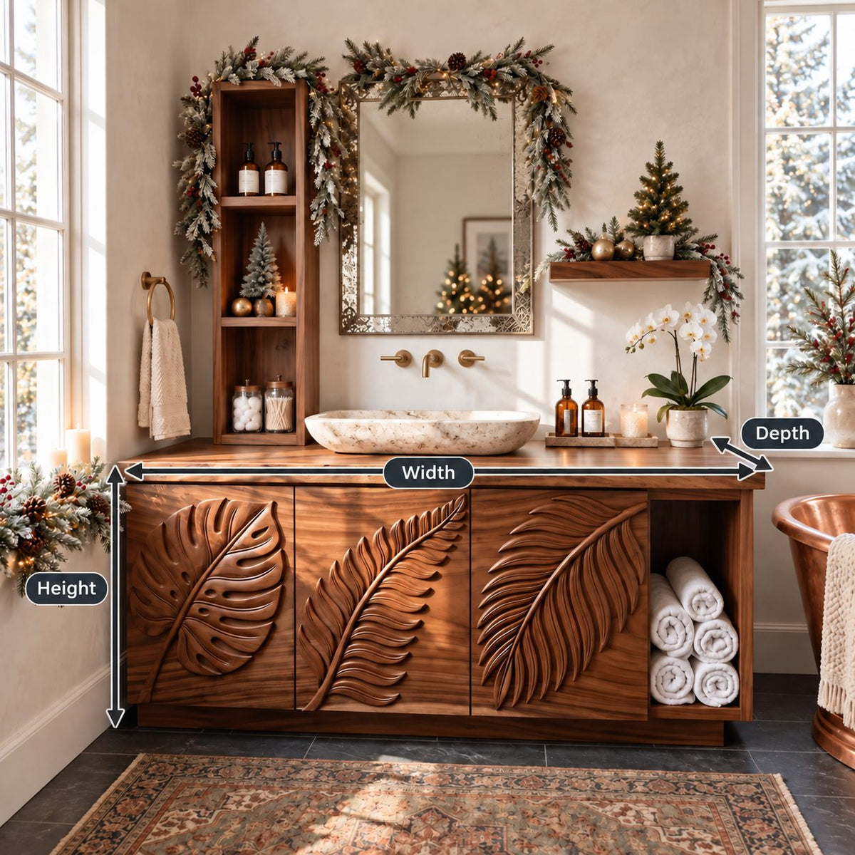Linen Tower Bathroom Vanity 40-71 Inch, Carved Leaf Door Cabinet, Towel Cubby, Tall Shelf Unit