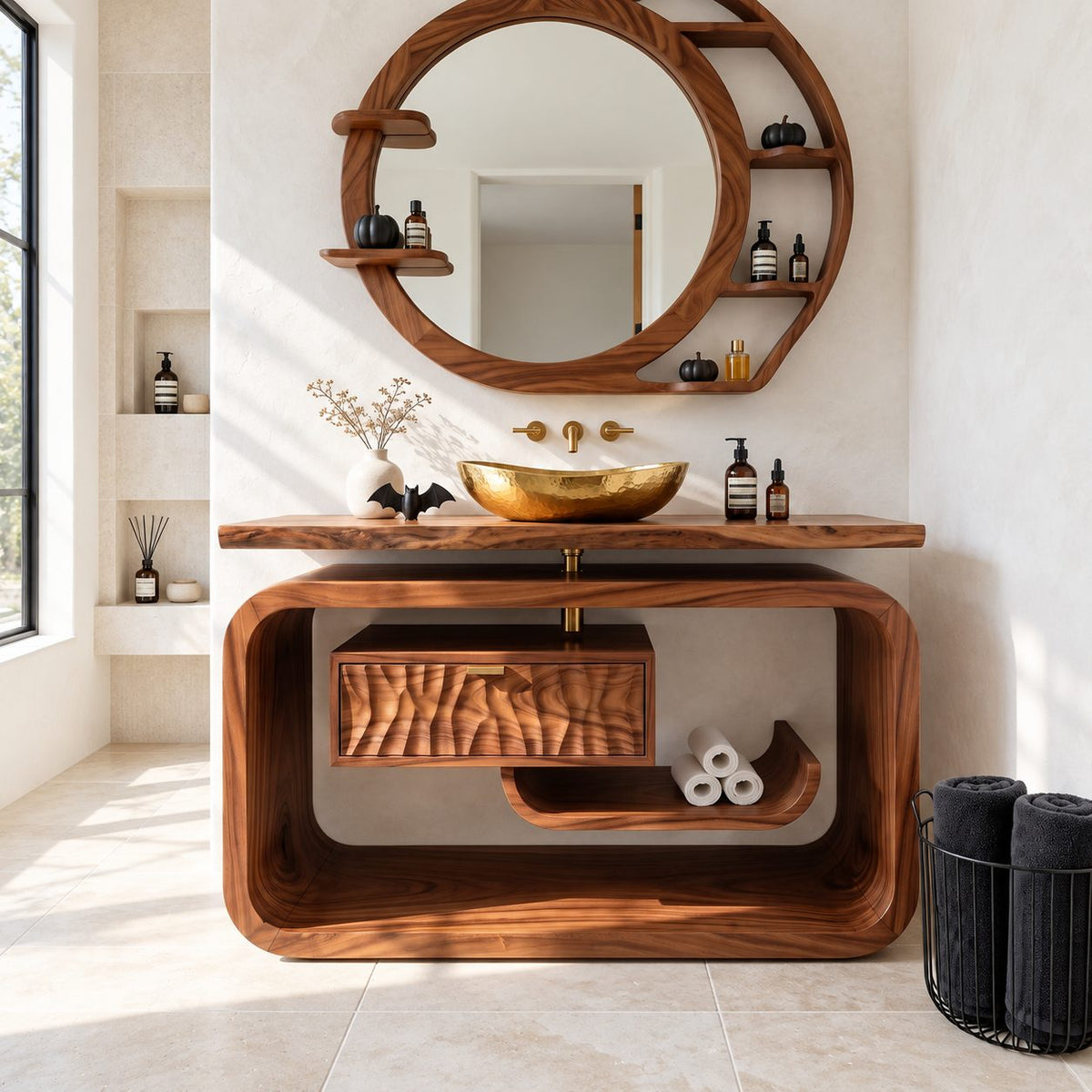 Rounded Loop Frame Bathroom Vanity 40-71 Inch, Live Edge Top with Floating Carved Drawer and Curled Shelf