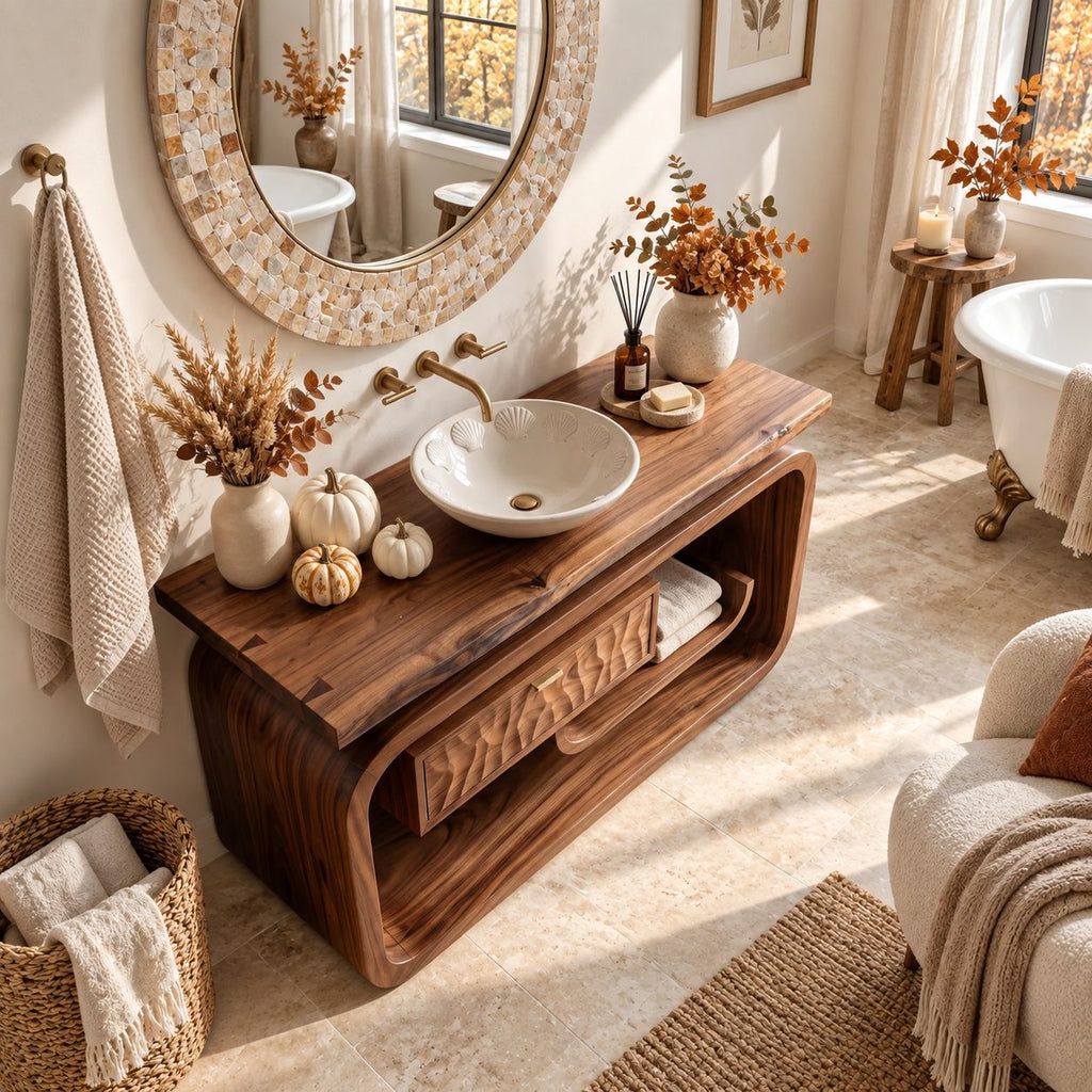 Rounded Loop Frame Bathroom Vanity 40-71 Inch, Live Edge Top with Floating Carved Drawer and Curled Shelf