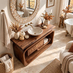 Rounded Loop Frame Bathroom Vanity 40-71 Inch, Live Edge Top with Floating Carved Drawer and Curled Shelf
