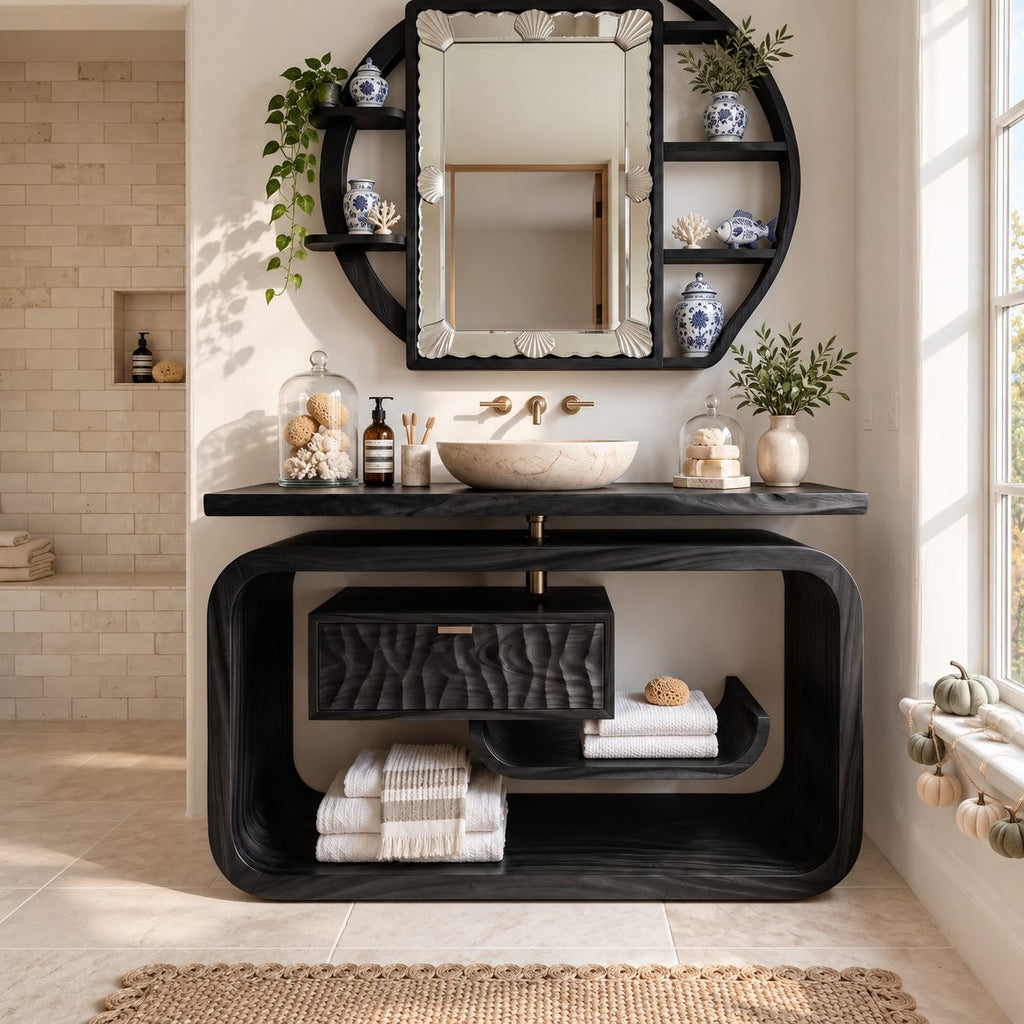 Rounded Loop Frame Bathroom Vanity 40-71 Inch, Live Edge Top with Floating Carved Drawer and Curled Shelf