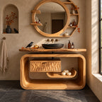 Rounded Loop Frame Bathroom Vanity 40-71 Inch, Live Edge Top with Floating Carved Drawer and Curled Shelf