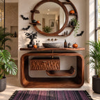 Rounded Loop Frame Bathroom Vanity 40-71 Inch, Live Edge Top with Floating Carved Drawer and Curled Shelf