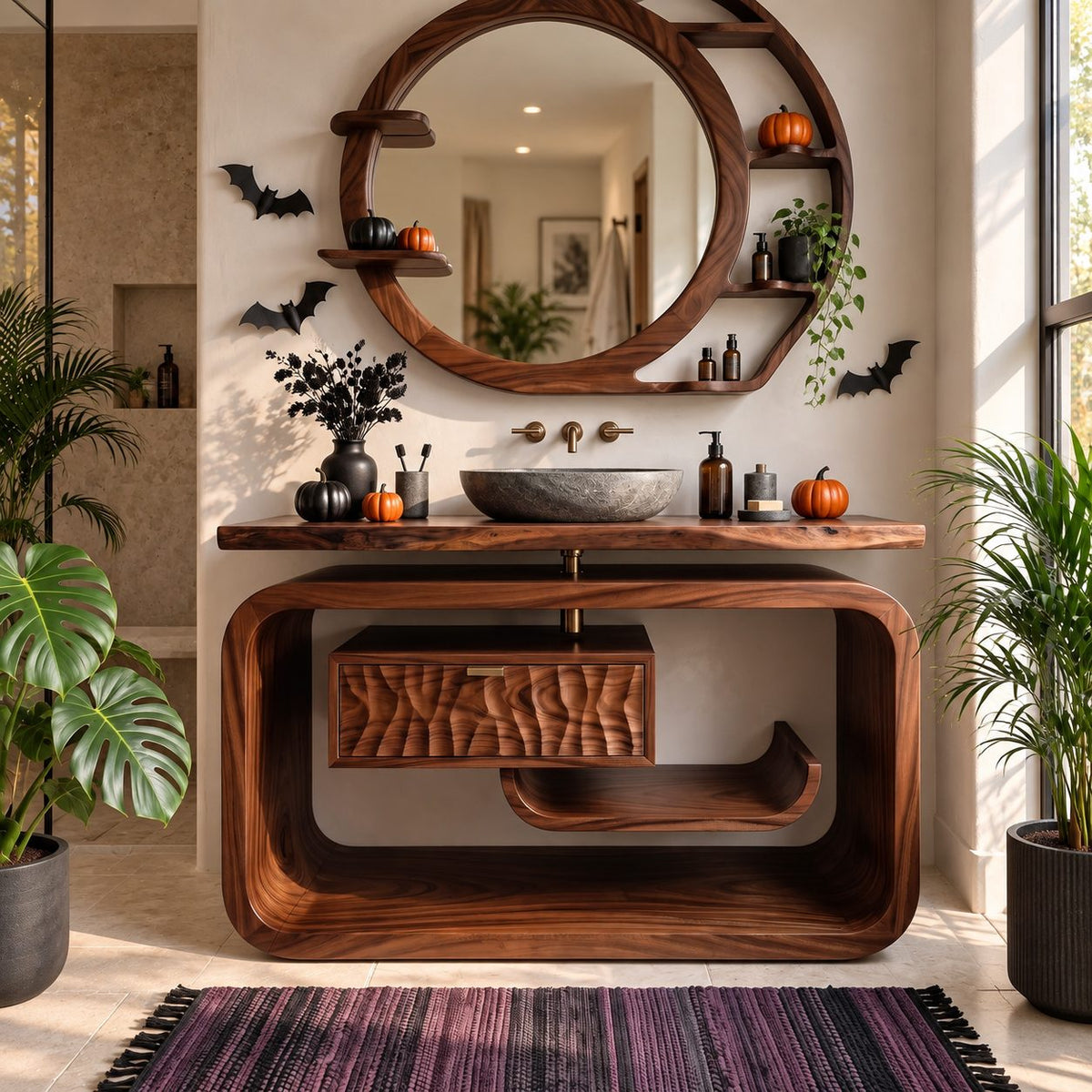 Rounded Loop Frame Bathroom Vanity 40-71 Inch, Live Edge Top with Floating Carved Drawer and Curled Shelf
