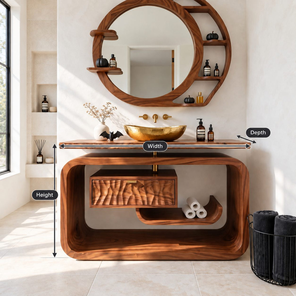 Rounded Loop Frame Bathroom Vanity 40-71 Inch, Live Edge Top with Floating Carved Drawer and Curled Shelf