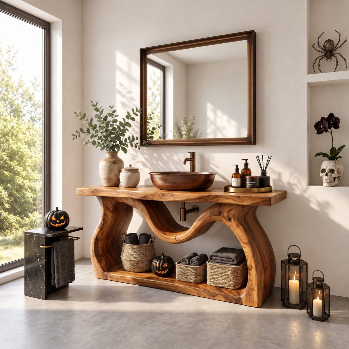 Wavy Sculpted Base Bathroom Vanity 47-71 Inch, Live Edge Console with Undulating Sides and Low Shelf