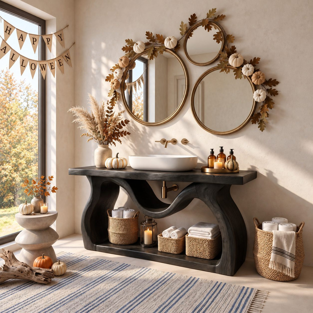 Wavy Sculpted Base Bathroom Vanity 47-71 Inch, Live Edge Console with Undulating Sides and Low Shelf