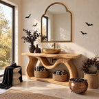 Wavy Sculpted Base Bathroom Vanity 47-71 Inch, Live Edge Console with Undulating Sides and Low Shelf