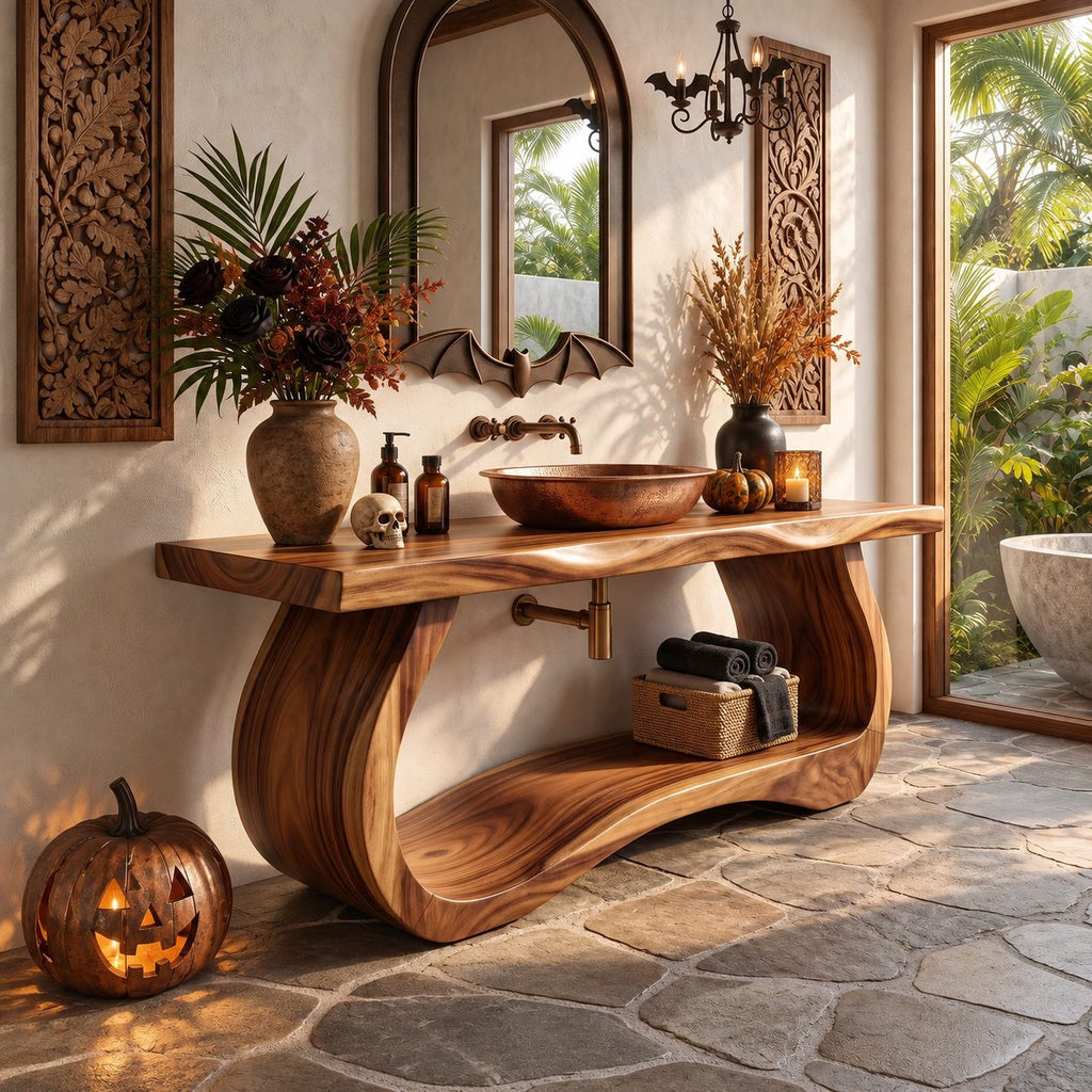 Curved Slab Side Bathroom Vanity 40-71 Inch, Sculpted Bowed Base with Live Edge Top and Low Shelf