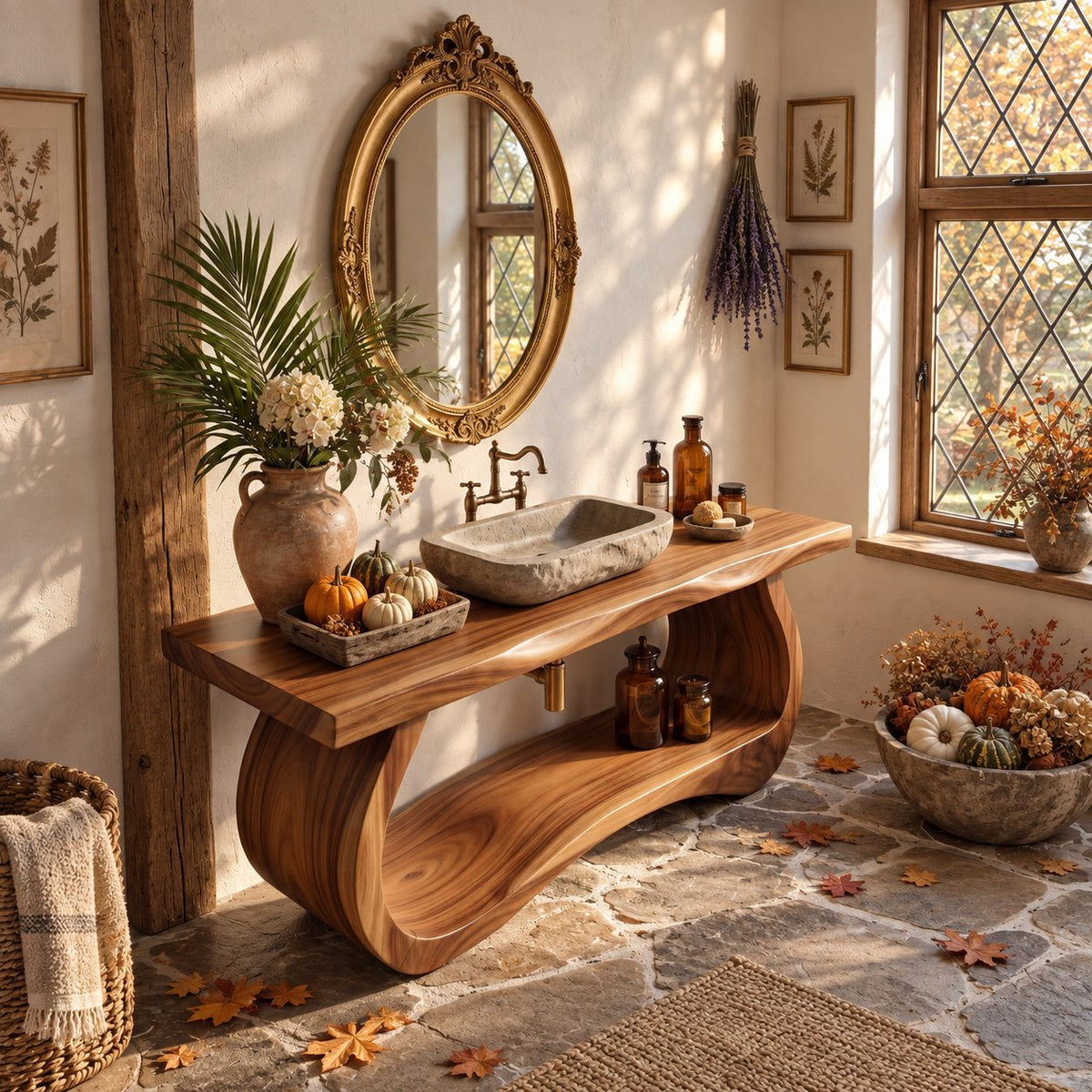 Curved Slab Side Bathroom Vanity 40-71 Inch, Sculpted Bowed Base with Live Edge Top and Low Shelf