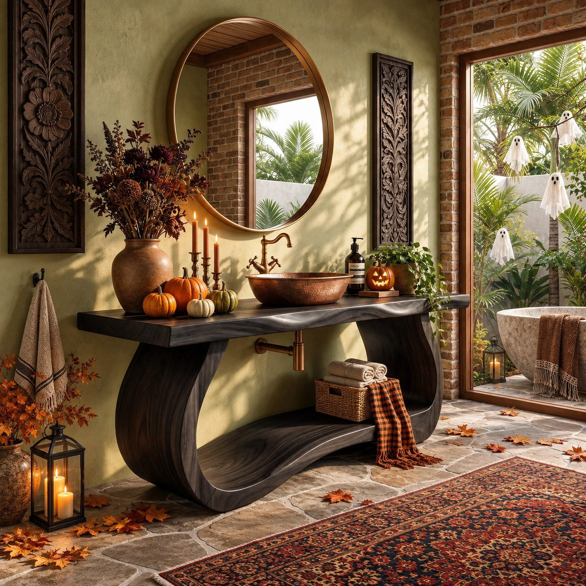 Curved Slab Side Bathroom Vanity 40-71 Inch, Sculpted Bowed Base with Live Edge Top and Low Shelf