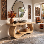 Curved Slab Side Bathroom Vanity 40-71 Inch, Sculpted Bowed Base with Live Edge Top and Low Shelf