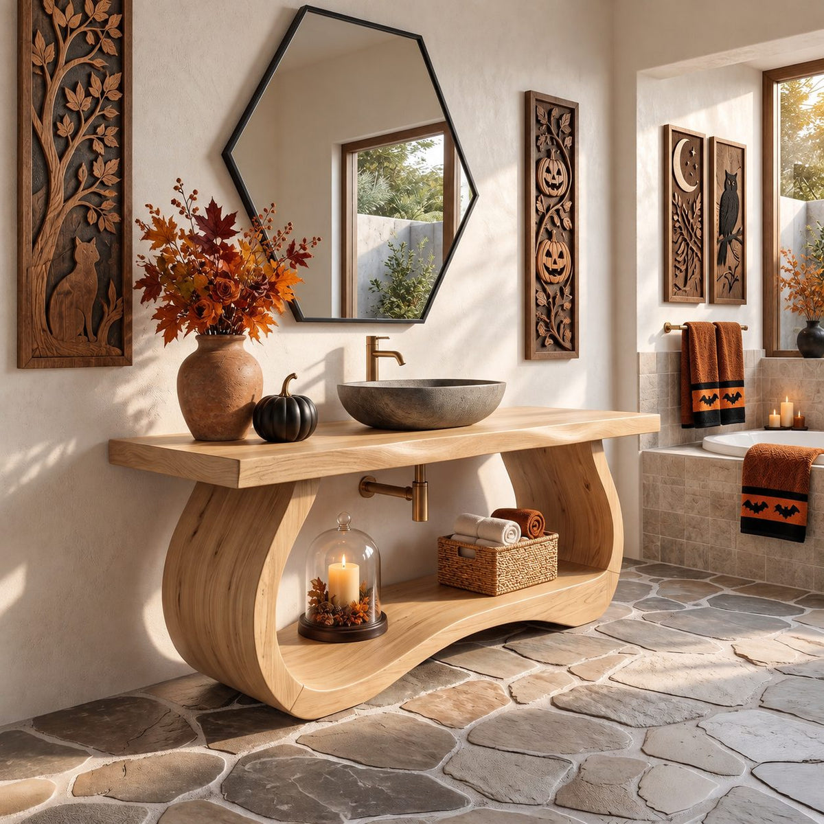 Curved Slab Side Bathroom Vanity 40-71 Inch, Sculpted Bowed Base with Live Edge Top and Low Shelf