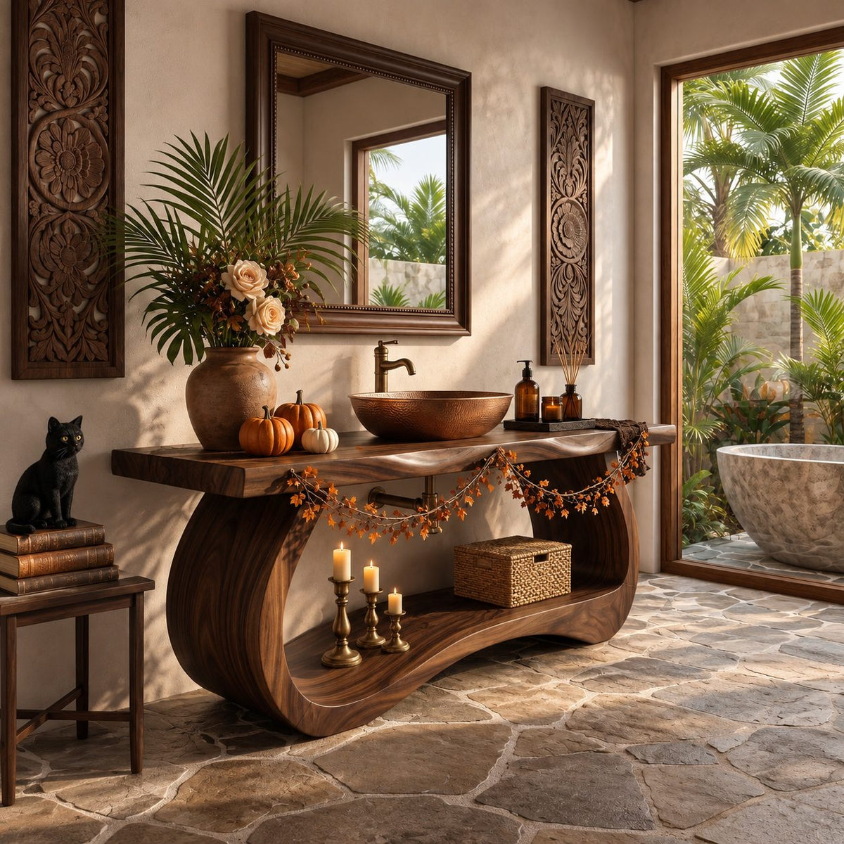 Curved Slab Side Bathroom Vanity 40-71 Inch, Sculpted Bowed Base with Live Edge Top and Low Shelf
