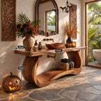 Curved Slab Side Bathroom Vanity 40-71 Inch, Sculpted Bowed Base with Live Edge Top and Low Shelf