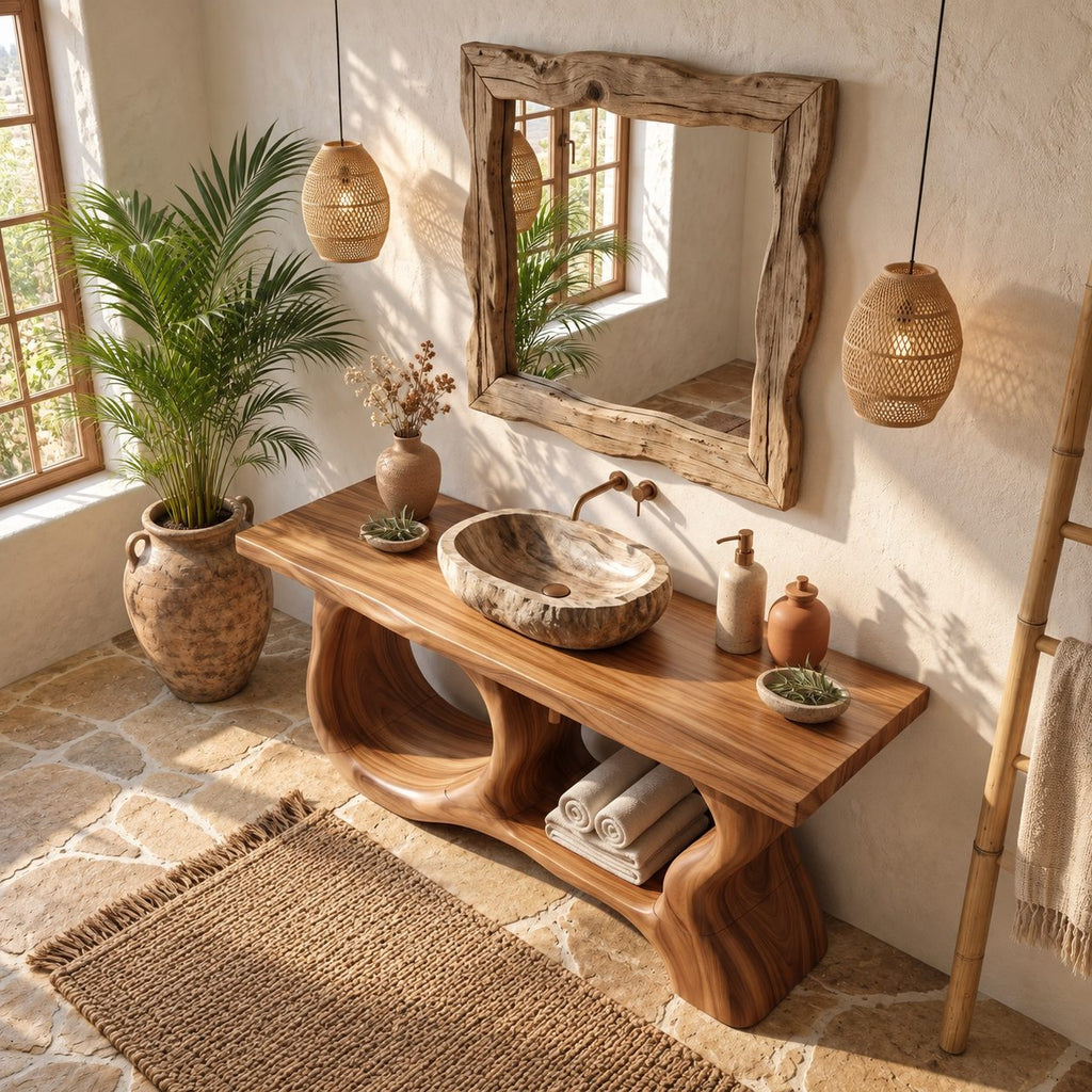 Porthole Sculpted Bathroom Vanity 47-71 Inch, Organic Wood Base with Round Openings and Live Edge Top