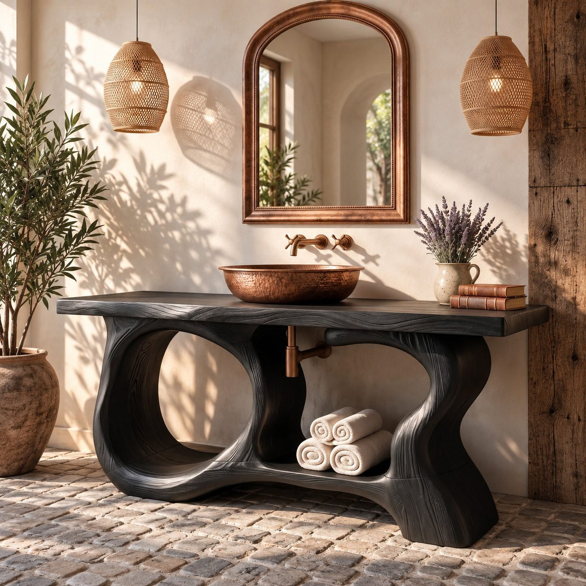 Porthole Sculpted Bathroom Vanity 47-71 Inch, Organic Wood Base with Round Openings and Live Edge Top