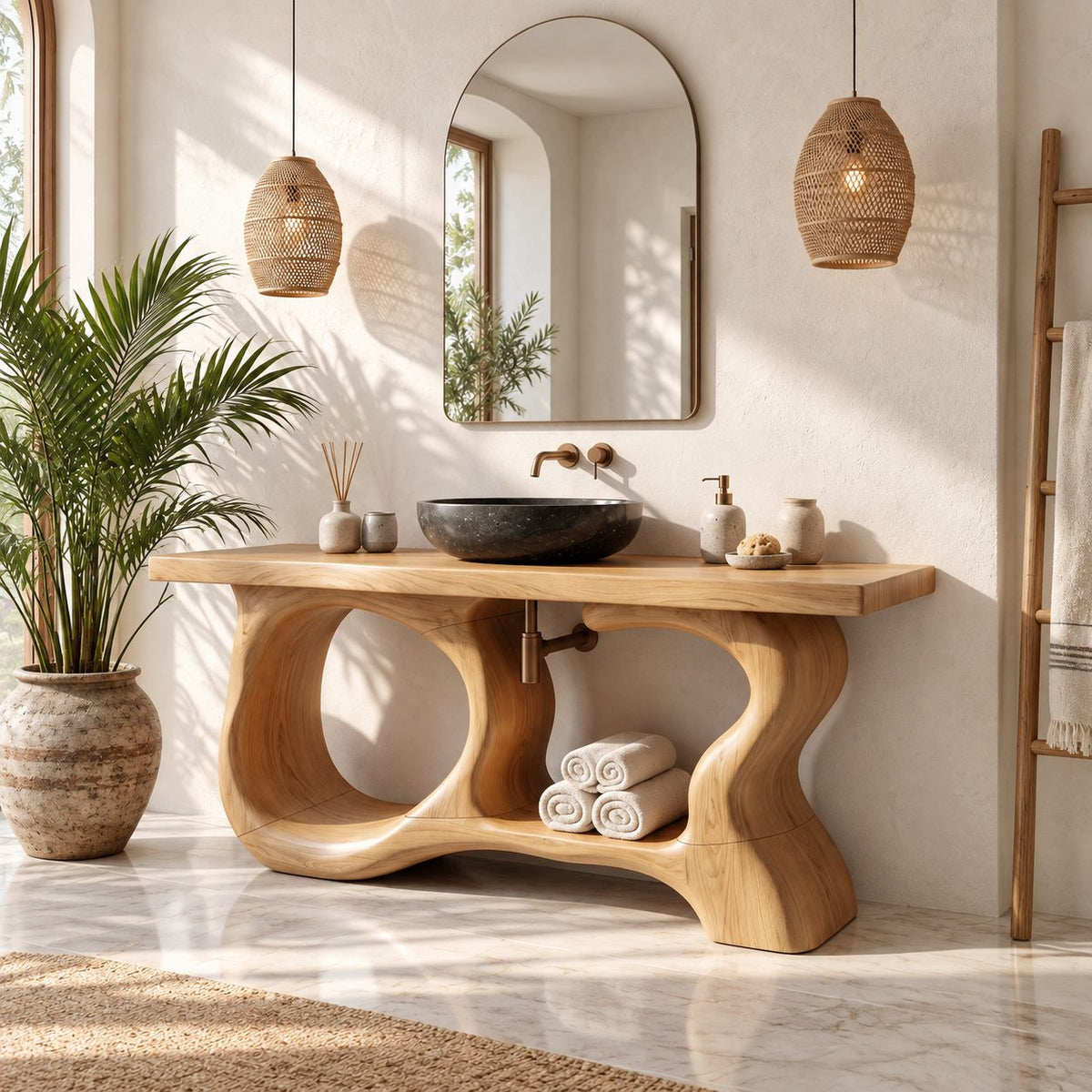 Porthole Sculpted Bathroom Vanity 47-71 Inch, Organic Wood Base with Round Openings and Live Edge Top