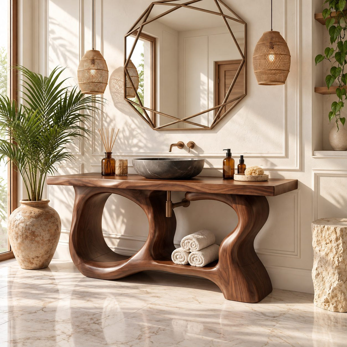 Porthole Sculpted Bathroom Vanity 47-71 Inch, Organic Wood Base with Round Openings and Live Edge Top