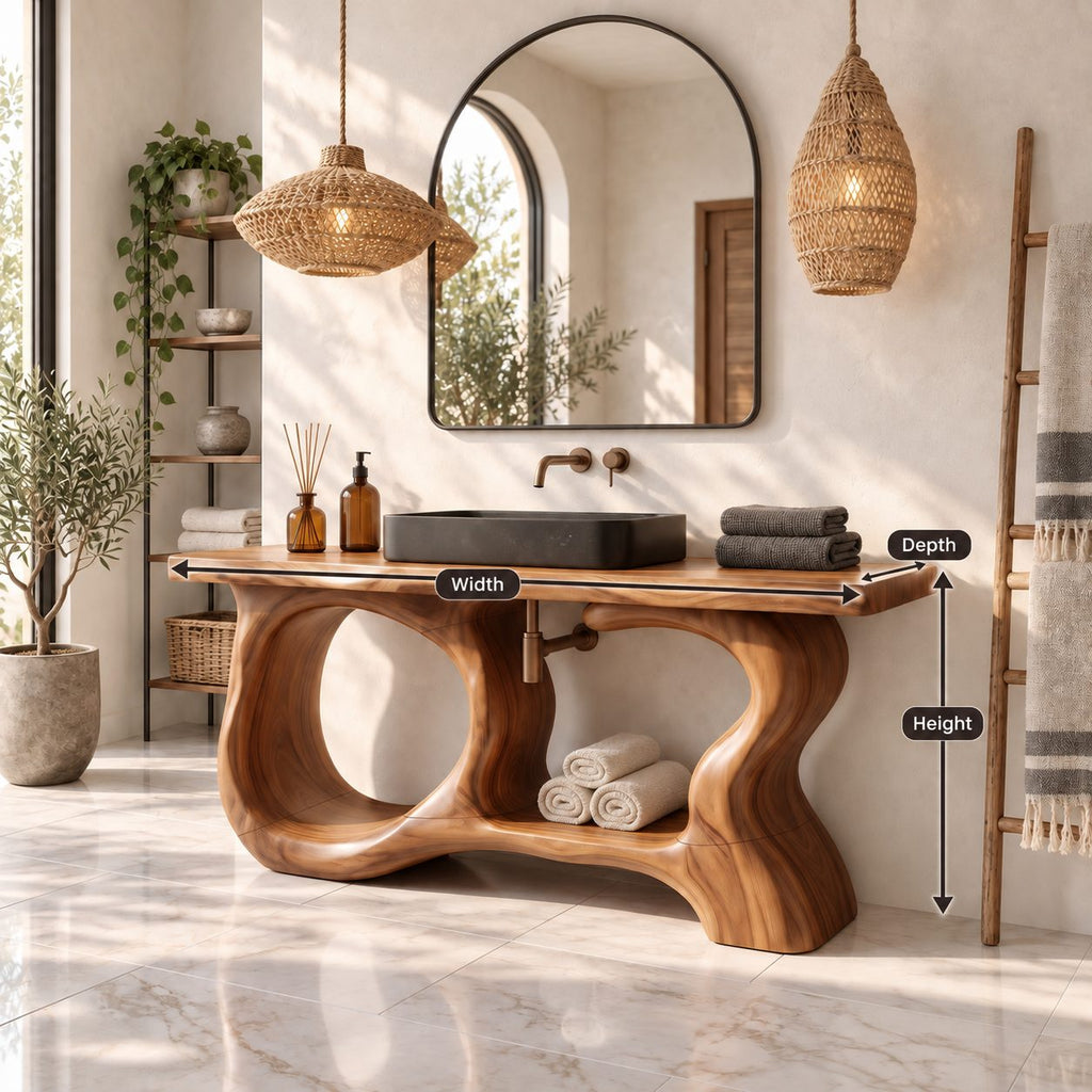 Porthole Sculpted Bathroom Vanity 47-71 Inch, Organic Wood Base with Round Openings and Live Edge Top