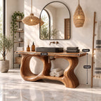 Porthole Sculpted Bathroom Vanity 47-71 Inch, Organic Wood Base with Round Openings and Live Edge Top