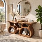 Twin Pod Sculpted Bathroom Vanity 47-71 Inch, Two Arched Open Cubby Bases Under a Thick Live Edge Top