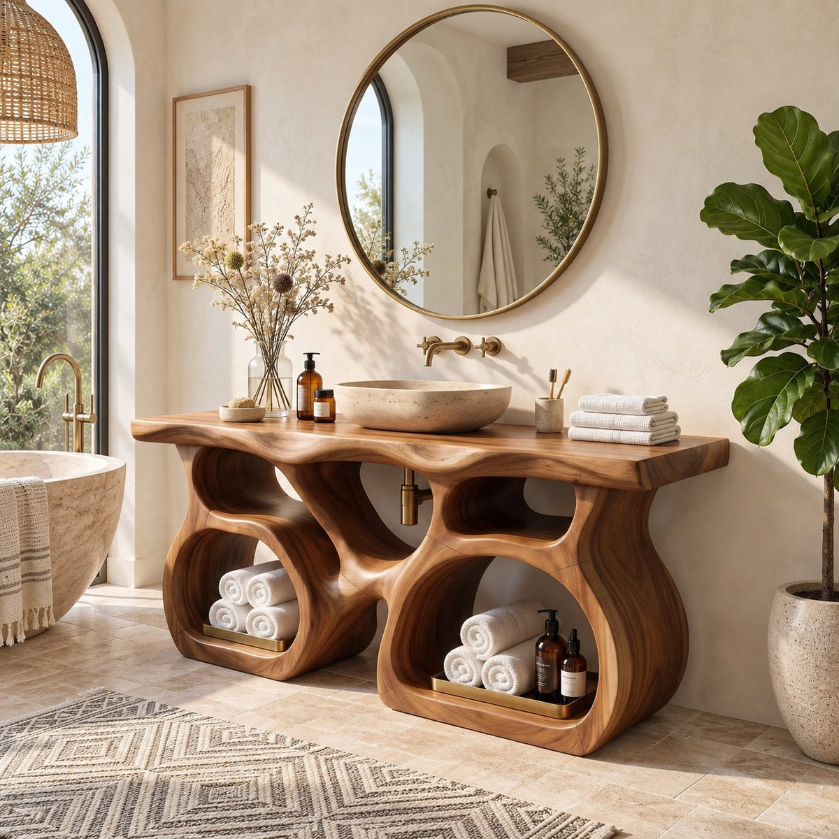 Twin Pod Sculpted Bathroom Vanity 47-71 Inch, Two Arched Open Cubby Bases Under a Thick Live Edge Top