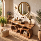 Twin Pod Sculpted Bathroom Vanity 47-71 Inch, Two Arched Open Cubby Bases Under a Thick Live Edge Top