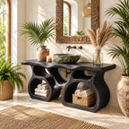 Twin Pod Sculpted Bathroom Vanity 47-71 Inch, Two Arched Open Cubby Bases Under a Thick Live Edge Top