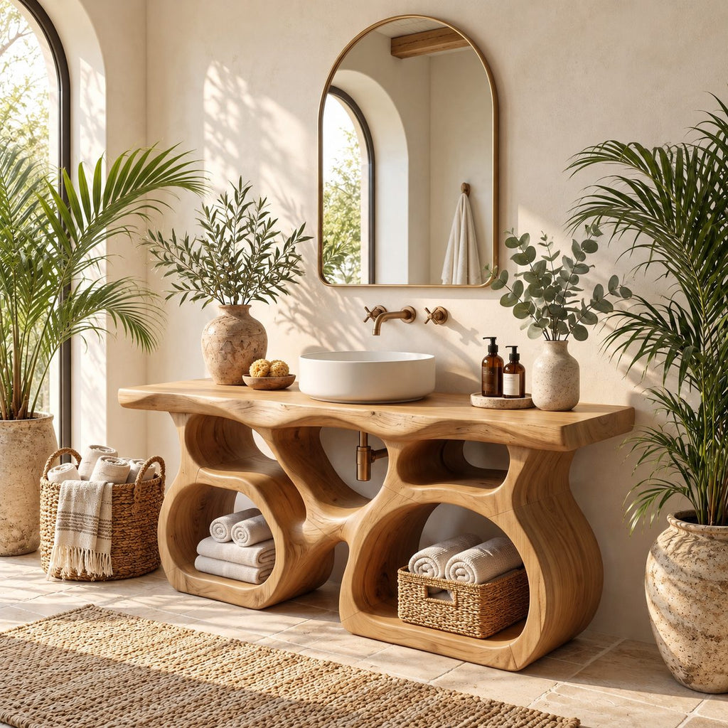 Twin Pod Sculpted Bathroom Vanity 47-71 Inch, Two Arched Open Cubby Bases Under a Thick Live Edge Top