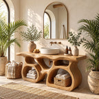 Twin Pod Sculpted Bathroom Vanity 47-71 Inch, Two Arched Open Cubby Bases Under a Thick Live Edge Top