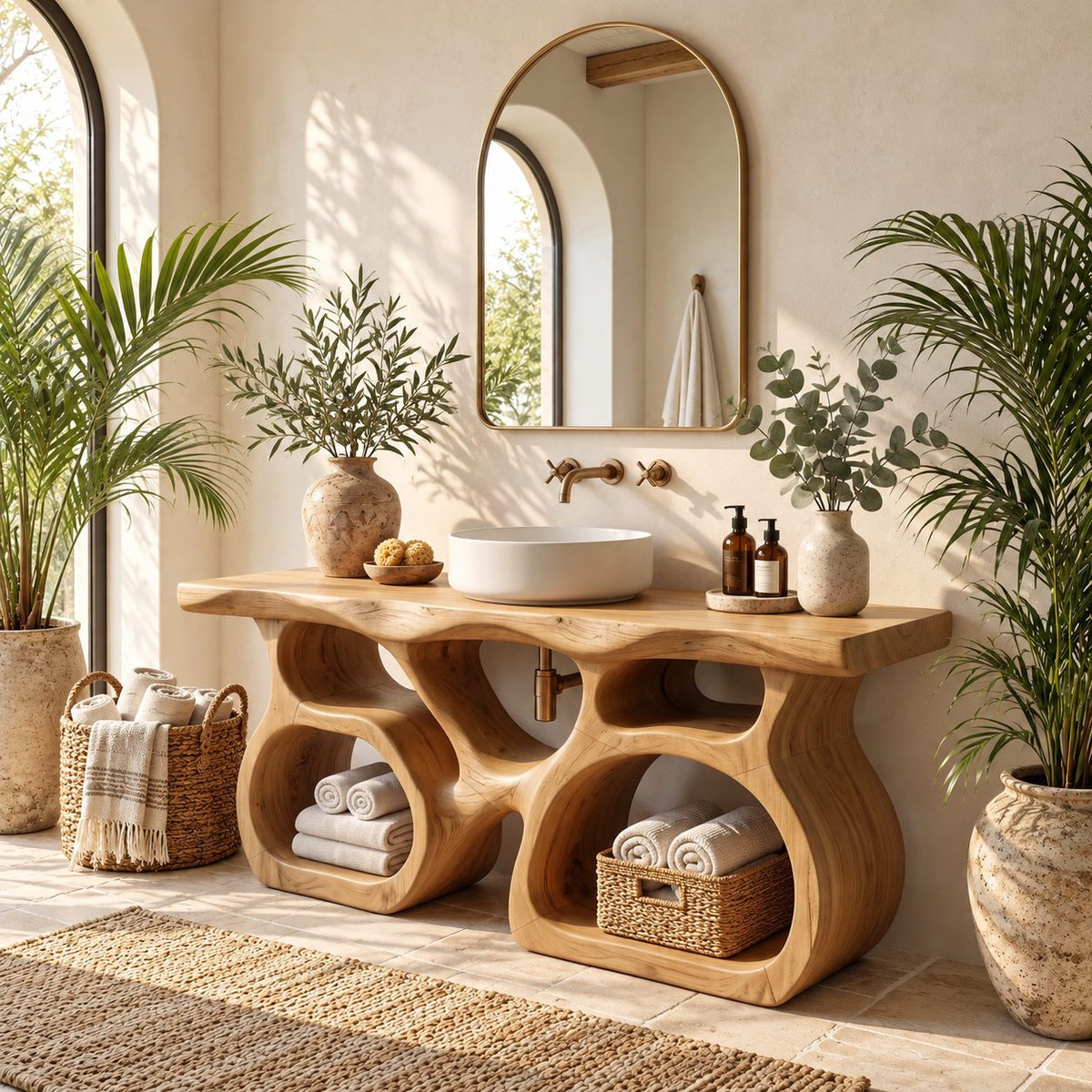 Twin Pod Sculpted Bathroom Vanity 47-71 Inch, Two Arched Open Cubby Bases Under a Thick Live Edge Top