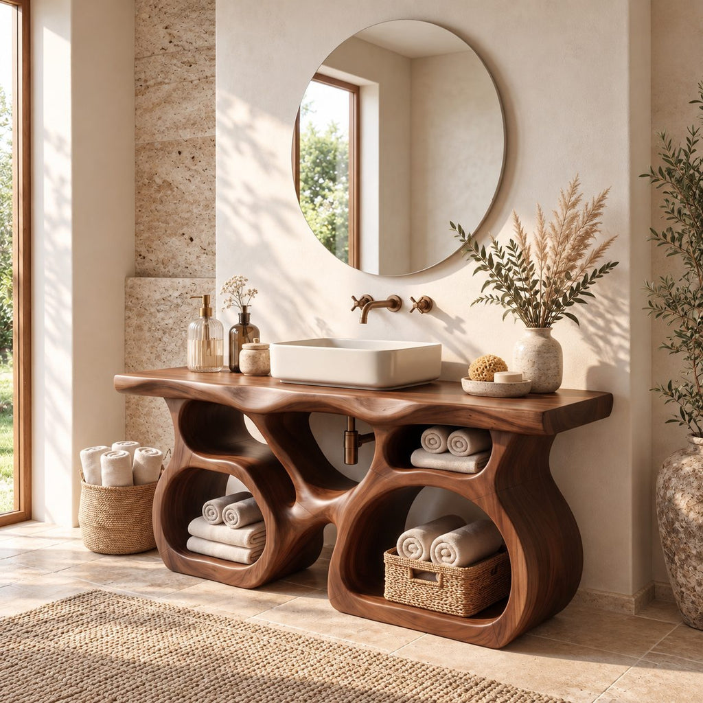 Twin Pod Sculpted Bathroom Vanity 47-71 Inch, Two Arched Open Cubby Bases Under a Thick Live Edge Top