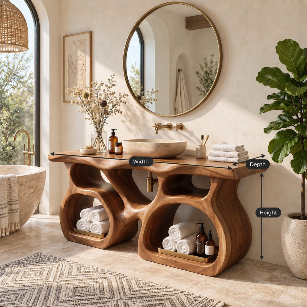Twin Pod Sculpted Bathroom Vanity 47-71 Inch, Two Arched Open Cubby Bases Under a Thick Live Edge Top