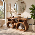 Twin Pod Sculpted Bathroom Vanity 47-71 Inch, Two Arched Open Cubby Bases Under a Thick Live Edge Top