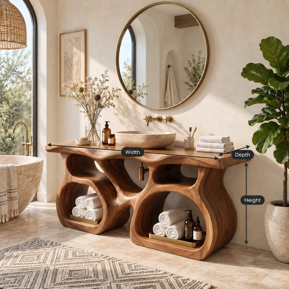 Twin Pod Sculpted Bathroom Vanity 47-71 Inch, Two Arched Open Cubby Bases Under a Thick Live Edge Top
