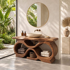 Figure Eight Bathroom Vanity 47-71 Inch, Infinity Loop Wood Base, Open Cubbies, Live Edge Top