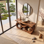 Figure Eight Bathroom Vanity 47-71 Inch, Infinity Loop Wood Base, Open Cubbies, Live Edge Top