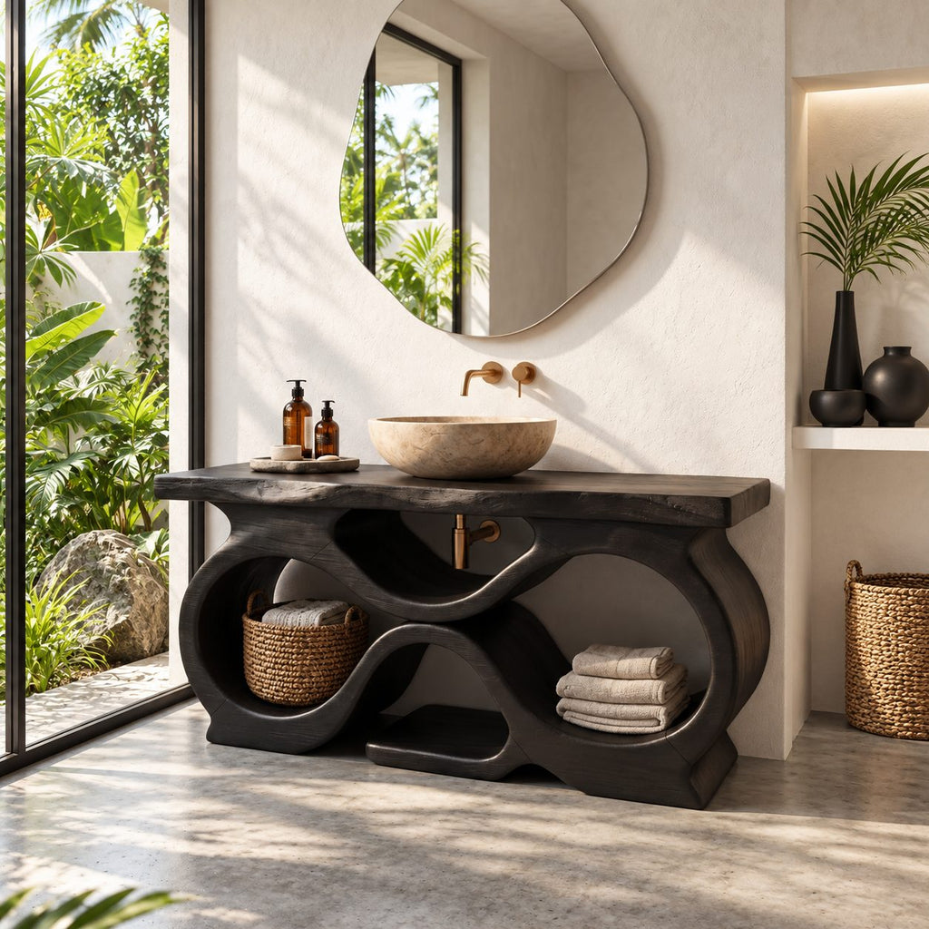 Figure Eight Bathroom Vanity 47-71 Inch, Infinity Loop Wood Base, Open Cubbies, Live Edge Top