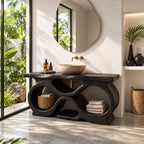 Figure Eight Bathroom Vanity 47-71 Inch, Infinity Loop Wood Base, Open Cubbies, Live Edge Top